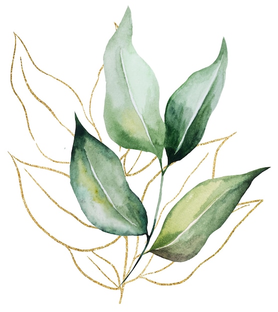 Groene en gouden botanische aquarel bladeren illustratie bruiloft ontwerp enkel element