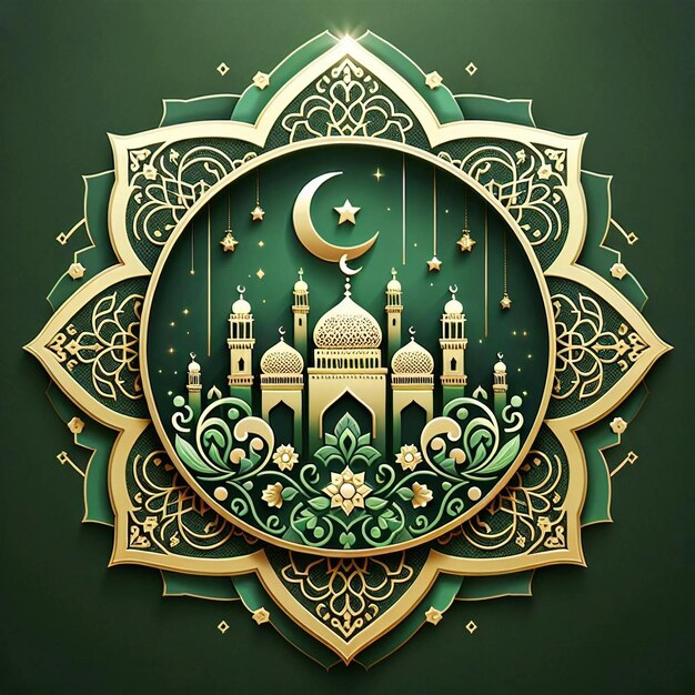 Foto groene en gouden kleur eid mubarak met een moskee gouden top achtergrondconcept ai generatief