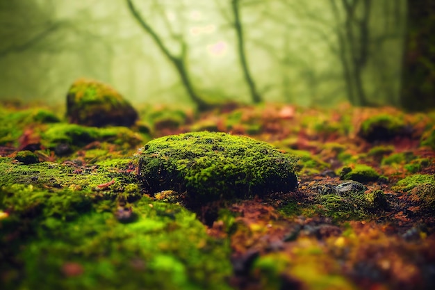 Groene en oranje bosgrond met mos