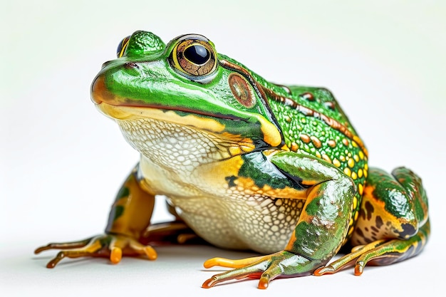 Groene en oranje kikker met gele ogen zit op een wit oppervlak