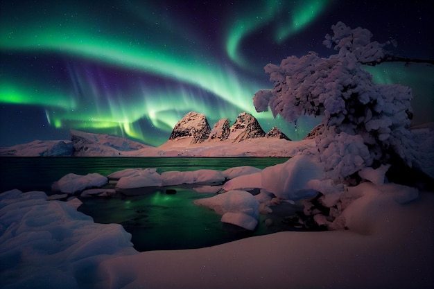 Groene en paarse aurora droegen over een watermassa die generatief ai was