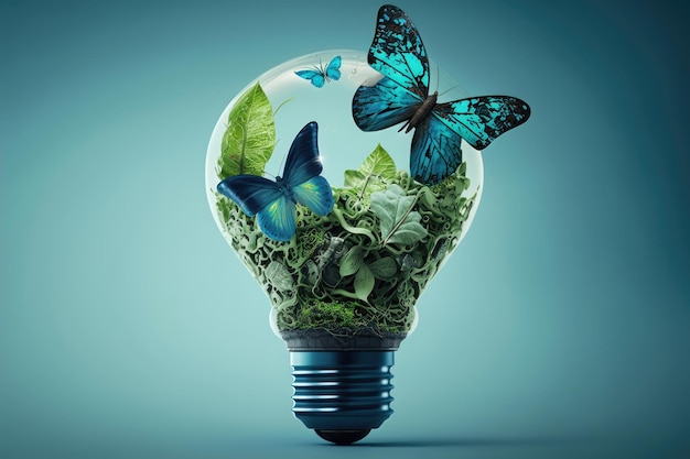 Groene energie banner concept Gloeilamp gemaakt van groene planten met blauwe vlinders AI gegenereerd