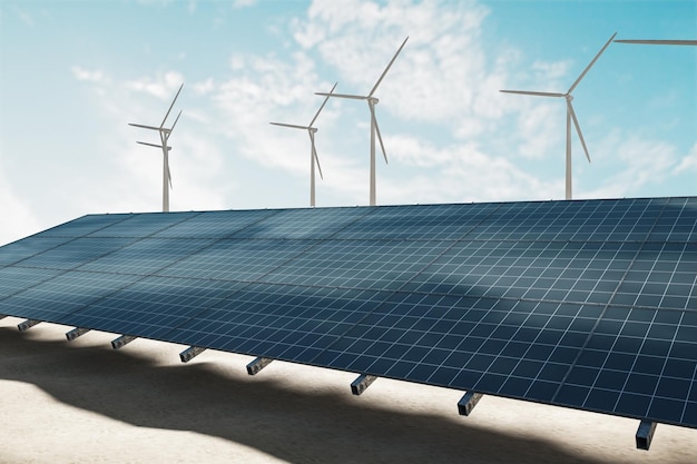 Groene energie en alternatieve bron van elektriciteit concept met perspectief uitzicht op zonovergoten zonne-boerderij op zand en windmolens op achtergrond 3D-rendering