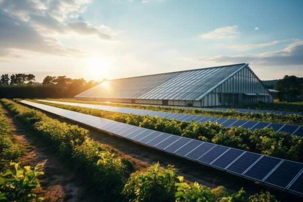 Groene energie-installatie Zonnepanelen Zonneschijn Windmolens Tanks Lot AI-generatie