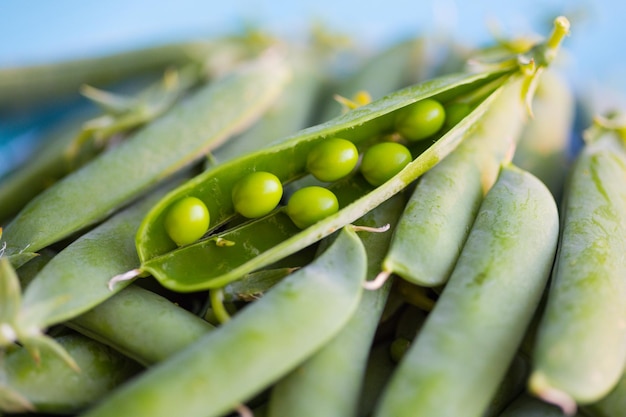 Groene erwten in peulen op een houten tafel in de tuin bij zonsonderganglicht