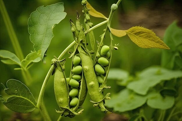 Groene erwten peulen staan in moestuinen op veld gemaakt met generatieve ai