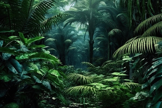 Groene exotische palmen groeien in het tropisch bos tegenover donkere bomen