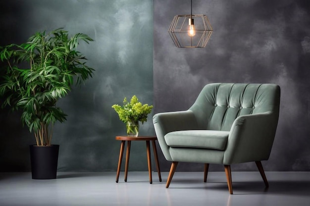 Groene fauteuil Tussen en plant in livin