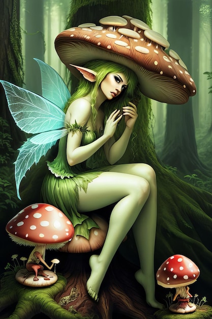 Groene fee met paddenstoelen