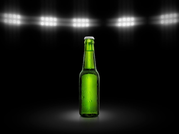 Groene fles vers bier met druppels condensatie op een zwarte achtergrond onder stadionlichten 3d renderen