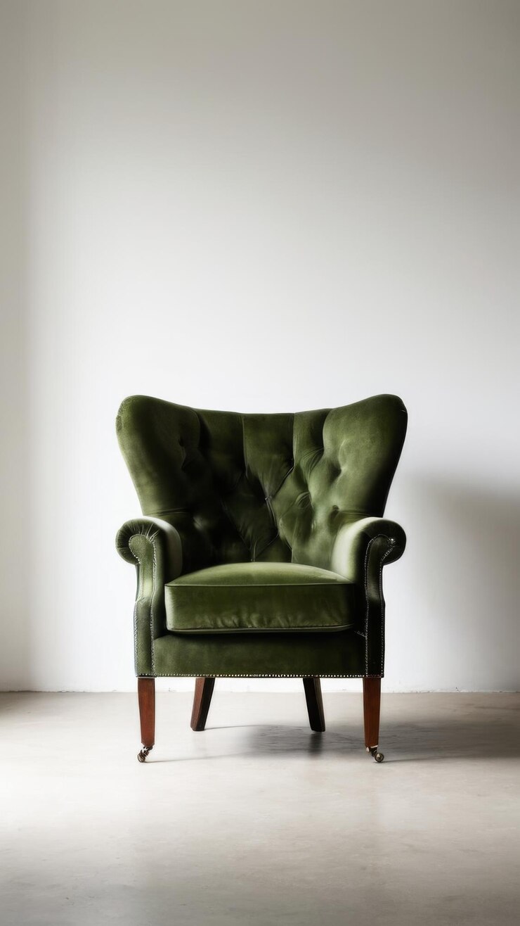 Foto groene fluweel fauteuil witte achtergrond minimalistische fotografie stijl rauw