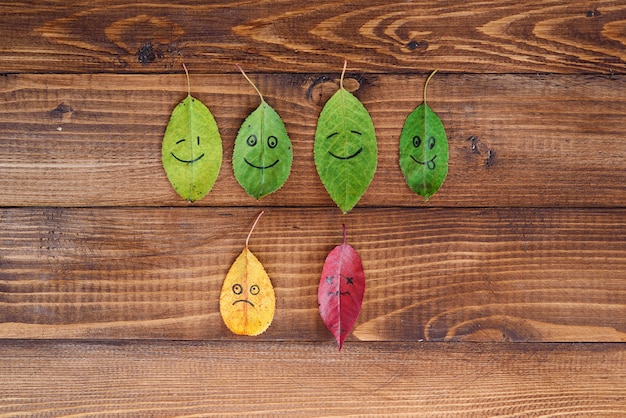 Groene, gele en rode gevallen bladeren met verschillende emoji