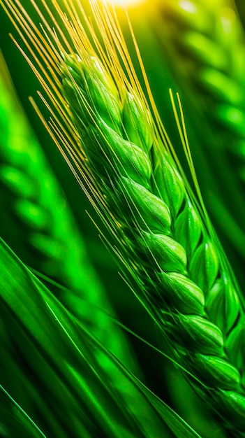 Groene gerst spike close-up Groene tarwe vol graan Close-up van een oor van onrijpe tarwe AI Generative