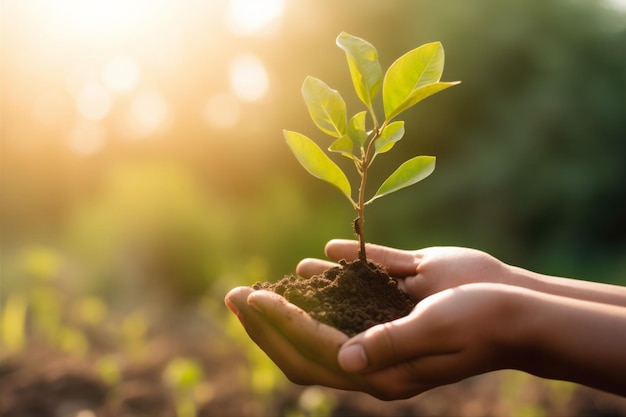 Groene groei landbouw hand ecologie natuur blad plant zorg leven Generatieve AI
