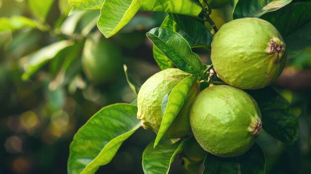 Groene guava's op een boom met regendruppels