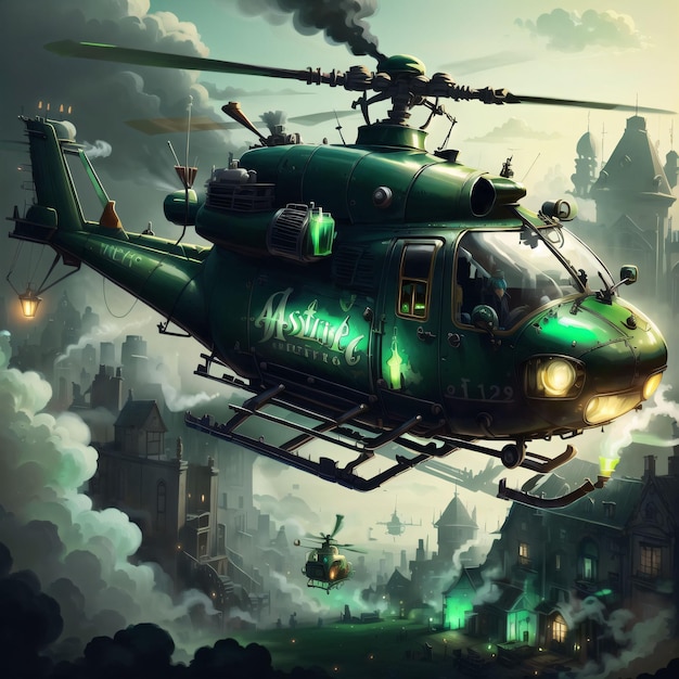 Groene helikopter die in de lucht vliegt