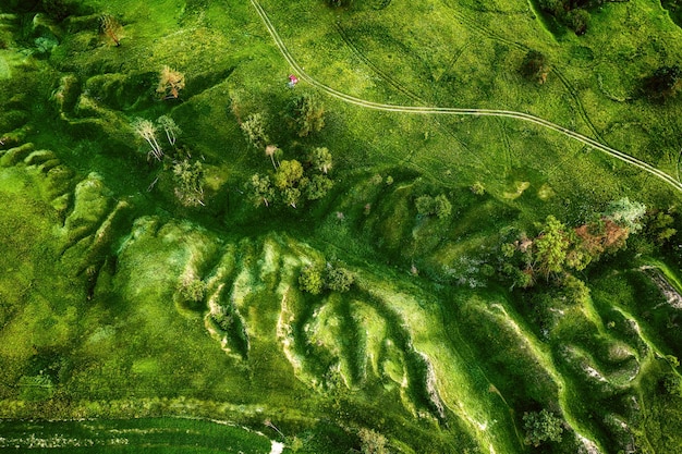 Groene heuvels en ravijnen van bovenaf gezien natuurlijke zomerse seizoensachtergrond van de drone