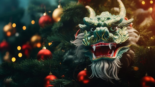 Groene houten Chinese draak Symbool van 2024 Een draak tegen de lichten van een kerstboom