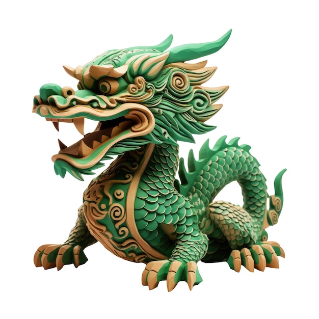 Groene houten Chinese draak symbool van 2024 geïsoleerd op een witte achtergrond voor wenskaart poster banner