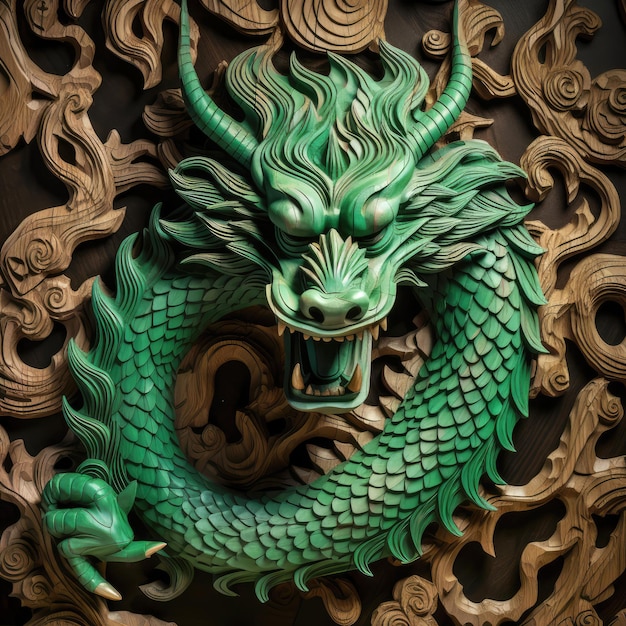 Groene houten Chinese draak Symbool van 2024 Huisdecoratie in de vorm van een Chinese draak