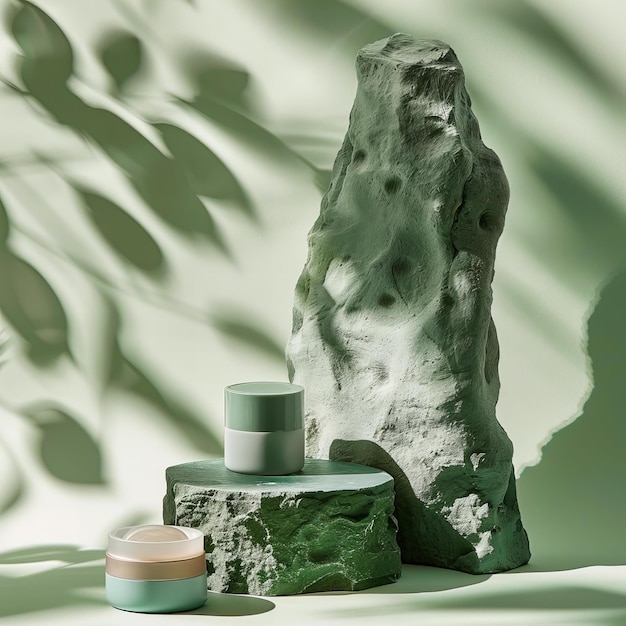 Groene huidverzorgingsproducten op een marmeren podium met botanisch schaduweffect Wellness en schoonheid