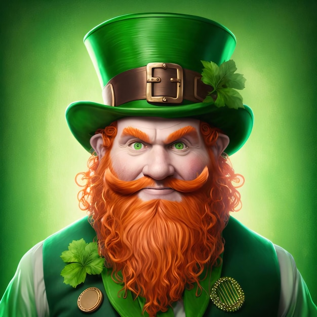 Groene illustratie van een leprechaun die een groene hoed draagt op een groene achtergrond met een lange baardGroene kleur symbool van St. Patrick's Day