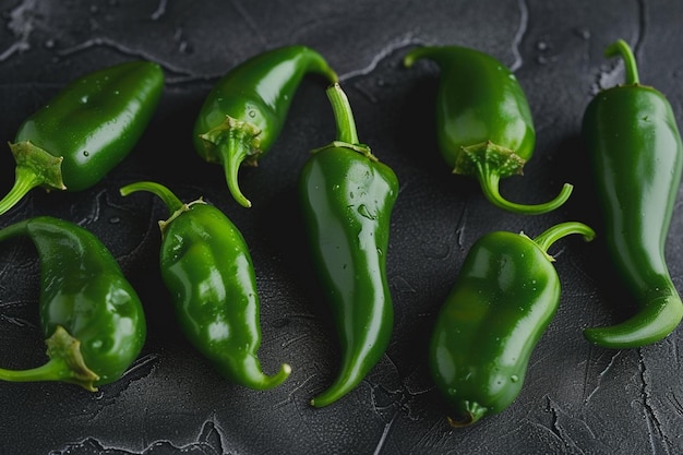 groene jalapeno pepers op een zwart oppervlak