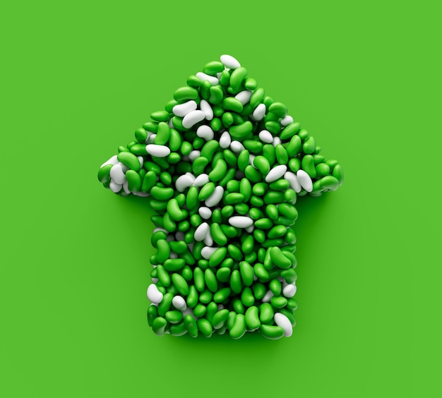 Groene jellybean omhoog pijl op geïsoleerde achtergrond 3d illustratie