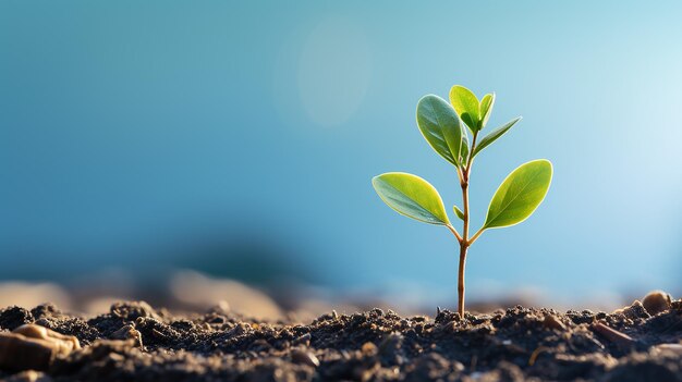 Groene jonge boom spruit op een blauwe vervaagde achtergrond idee bedrijf start investering succes