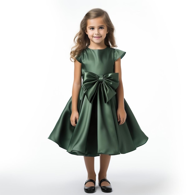 Groene jurk kind op witte achtergrond geïsoleerd hoge kwaliteit