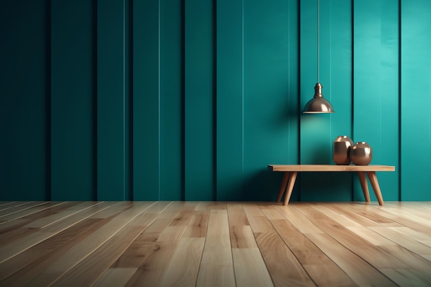 Groene kamer met een houten tafel en een lamp op tafel