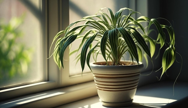 Groene kamerplant op vensterbank close-up shot generatieve AI