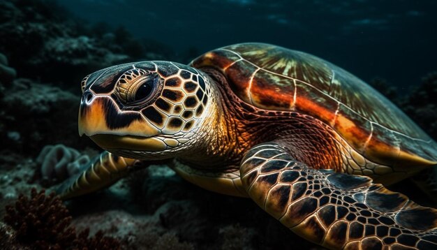 Groene karetschildpad zwemt in rustig rif gegenereerd door AI
