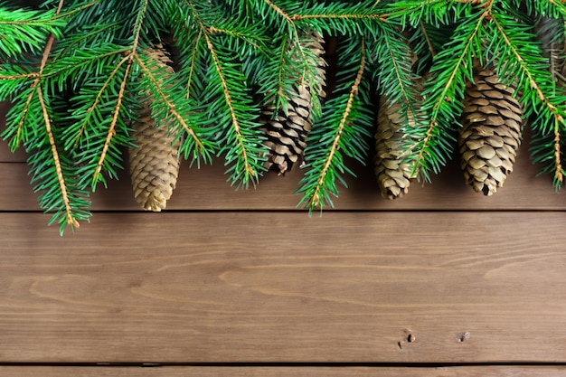 Groene kegels en dennenboom op houten achtergrond