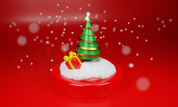 Foto groene kerstboom met ster en doos met geschenken bezaaid met sneeuw op het rode ronde studio podium xmas decorations image 3d rendering