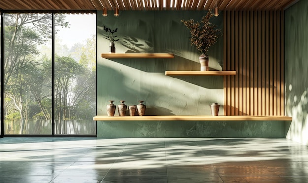 Groene keukenkamer en minimalistisch interieurontwerp op mock-up houten lamellenmuur