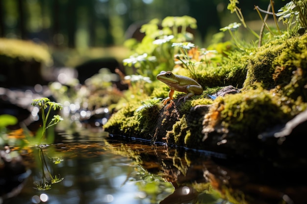 Groene kikker in het natte bos kleurrijke paddenstoelen generatieve IA