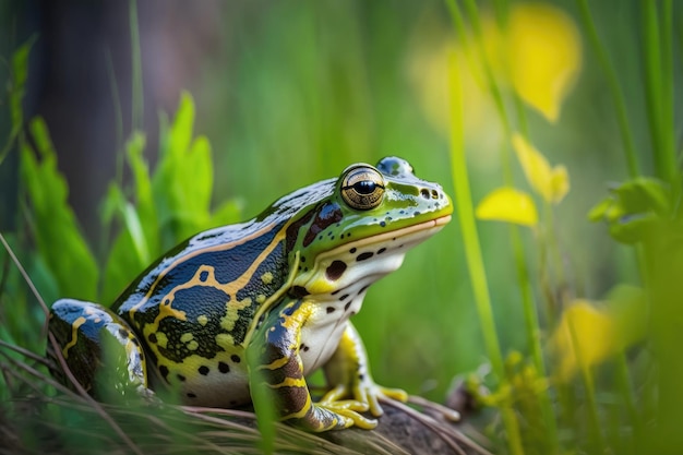 Groene kikker met gele keel op onscherpe achtergrond van bos en gras gemaakt met generatieve ai