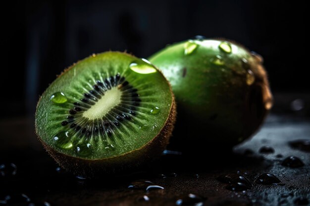 Groene Kiwi Metallic Druppels Op Zwarte Achtergrond Generatieve AI