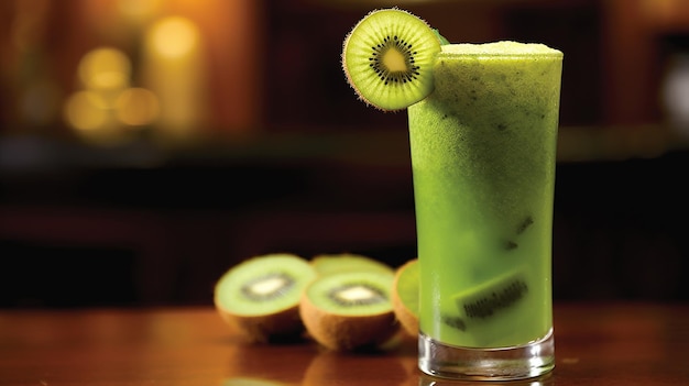 Groene kiwi-smoothie in een glas op een houten tafel