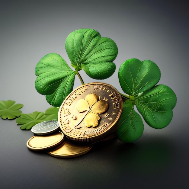 Groene klaver en gouden munten op een donkere achtergrond Groene vierbladige klaver symbool van St. Patrick's Day