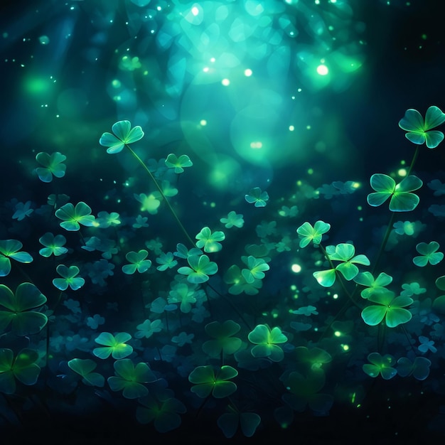 Groene klaver in het bos dakraam rond's nachts Groene vierbladige klaver symbool van St Patrick's Day