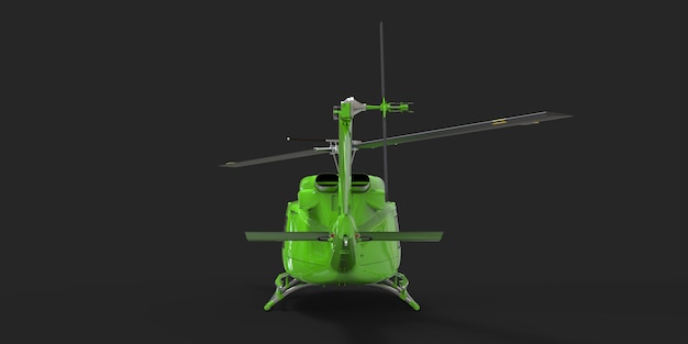 Groene kleine militaire transporthelikopter op zwarte geïsoleerde achtergrond. De reddingsdienst van de helikopter. Luchttaxi. Helikopter voor politie, brandweer, ambulance en reddingsdienst. 3D illustratie.