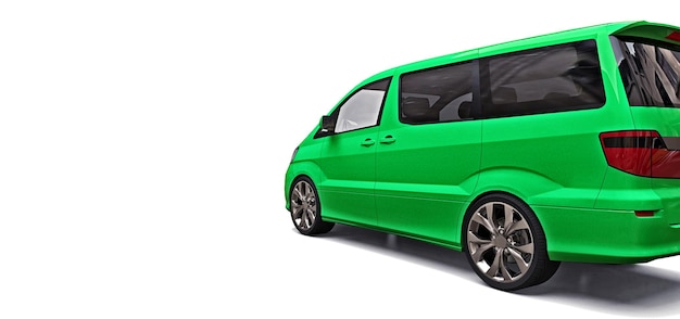 Groene kleine minibus voor het vervoer van mensen. driedimensionale afbeelding op een witte achtergrond. 3d-rendering.