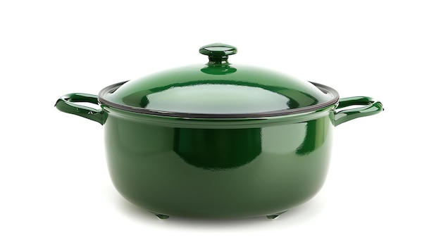 Groene kookpot met een deksel op witte achtergrond De pot heeft twee handgrepen en drie kleine voeten