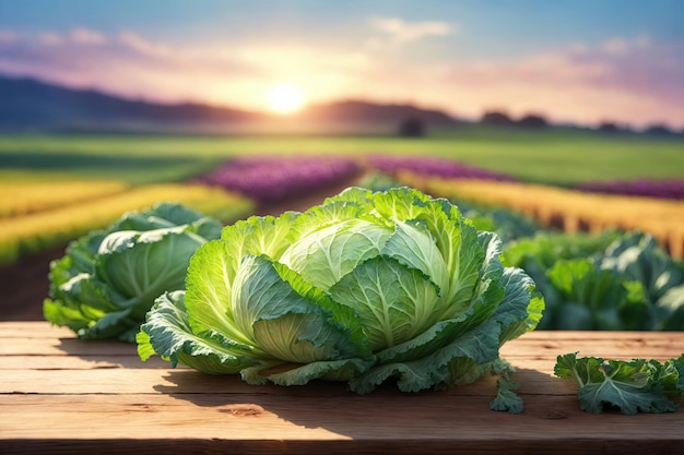 groene kool op de houten tafel veld achtergrond