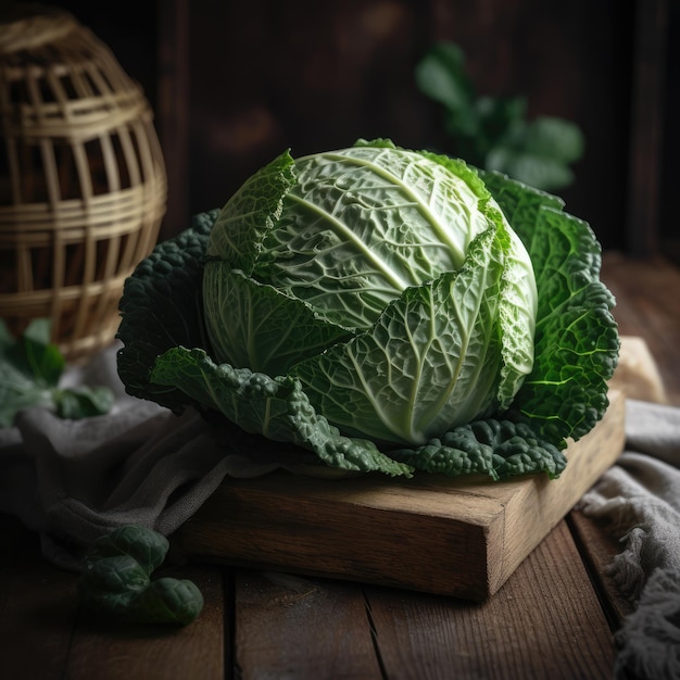 Groene kool op een houten tafel generatieve ai