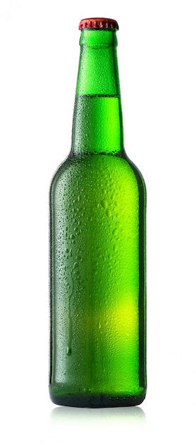 Groene koude flesje bier met druppels