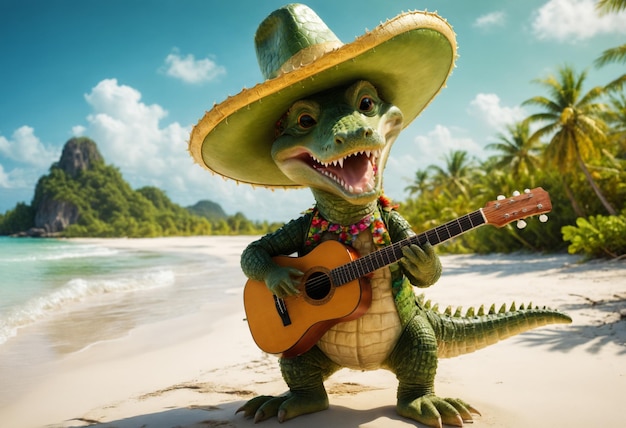 Groene krokodil in sombrero en speelt gitaar Generatieve AI