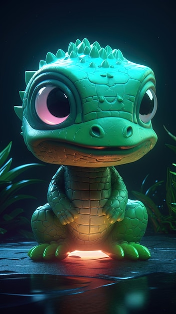 Groene krokodil op een donkere achtergrond Chibi kunst groot hoofd speelgoed beeldje
